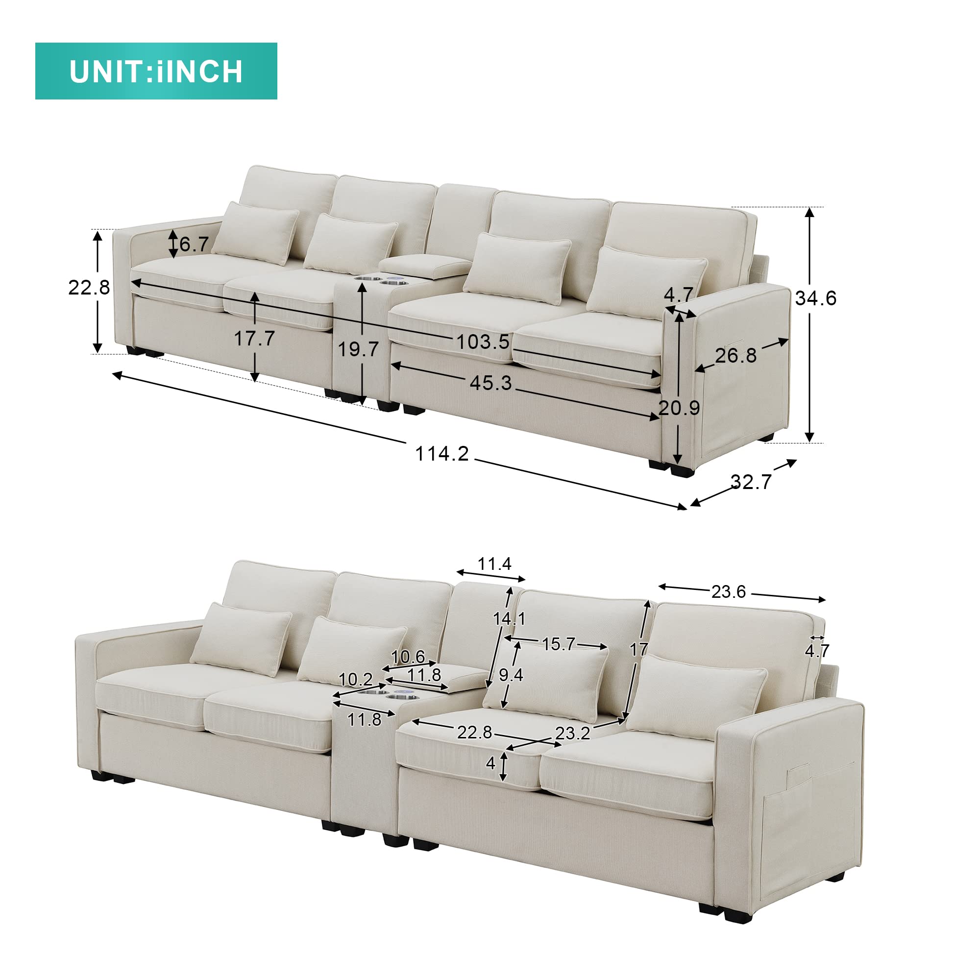 Favfurish 114.2" Linen Upholstered Sofa with Consoleand 2 USB Ports Wired or Wirelessly Charged,Modern 4-Seat Couches W/ 4 Pillows and Two Cupholders,for Living Room,Apartment,Beige