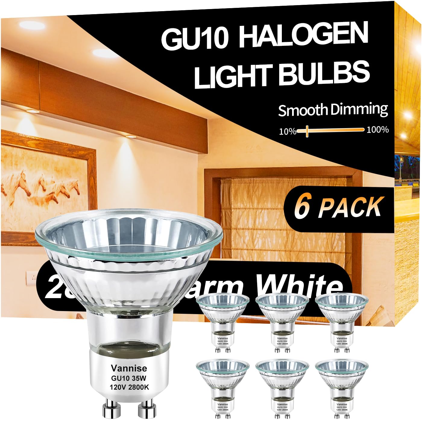 Vannise MR16 GU10 Bulb 35W, 6 Pack High Output GU10+C 120V 35W Bulb with GU10 Base, Long Lasting GU10 Halogen Bulb Warm White 2800K, GU10 Dimmable, GU10 120V 35W for Candle Warmer, Track Lighting