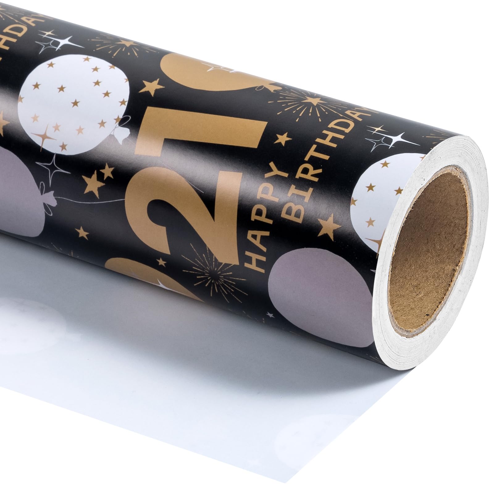 WRAPAHOLIC 21st Birthday Wrapping Paper - Mini Roll - 17 Inch x 33 Feet - Black Gold Balloon Design for Birthday, Party, Holiday