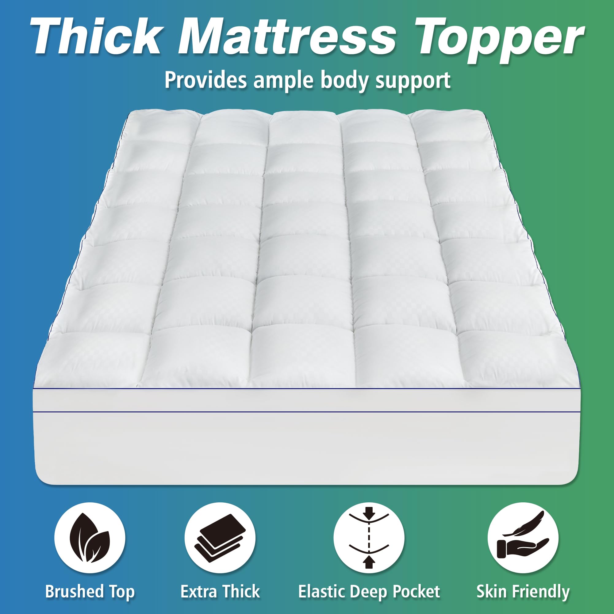 Lunsing Queen Mattress Topper, Extra Thick Pillow Top Queen Size Mattress Pad Cover for Back Pain, 6-21 inches Deep Pocket, 60 x 80 inches