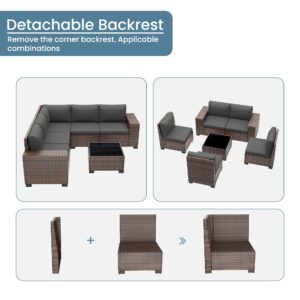 Amopatio Outdoor Sectional Furniture Set 6-Piece Brown Rattan Wicker Conversation Sofa Set with Glass Top Table and Waterproof Covers,Grey Cushions