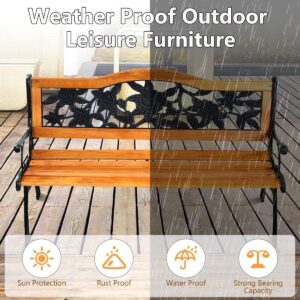 HAPPYGRILL Outdoor Garden Bench, Patio Park Bench with Cast Iron & Hardwood Structure, 50" Porch Loveseat Outdoor Furniture Path Chair