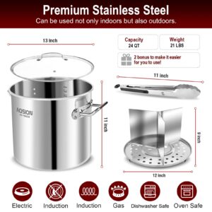 AOSION 24 Quart Stainless Steel Stock Pot With Lid, 3-IN-1 Large Heavy Duty Cooking Pot with Visible Lid for Pasta, Soup, Spaghetti,Big Soup Canning Pot with Steam Rack,Dishwasher & Oven Safe.