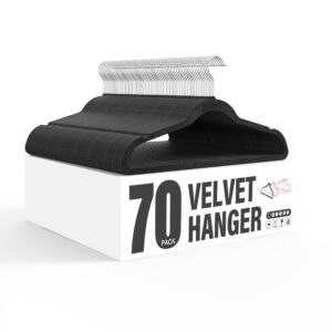 simple deluxe velvet hangers 70 pack, non-slip clothes hangers with shoulder notches, 360° swivel hooks, heavy duty coat suit hangers for closet space saving, black