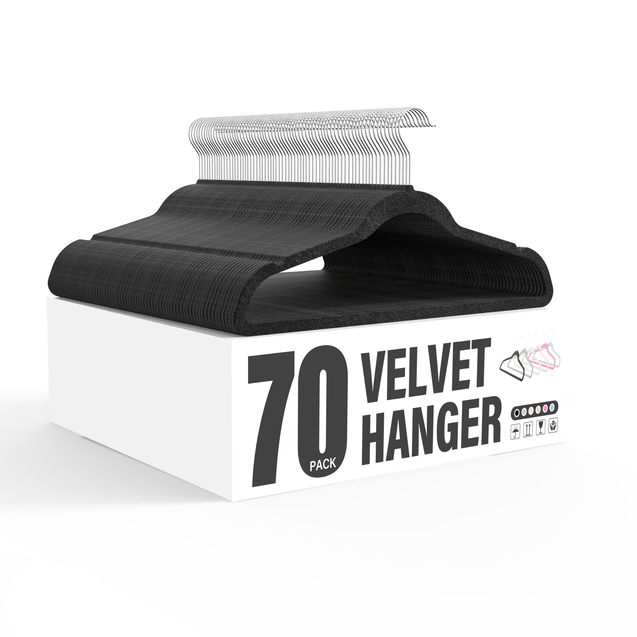 Simple Deluxe Velvet Hangers 70 Pack, Non-Slip Clothes Hangers with Shoulder Notches, 360° Swivel Hooks, Heavy Duty Coat Suit Hangers for Closet Space Saving, Black