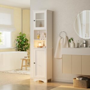 Gizoon 67.1" Tall Bathroom Storage Cabinet with Adjustable Shelves, Narrow Tall Linen Tower with Open Shelves, Two-Way Doors Freestanding Cabinet with Anti-Tip, for Home, Kitchen, Living Room, White