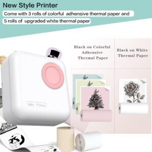 Mini Printer Portable, Inkless Sticker printer with 8 Rolls Paper, Bluetooth Wireless mini thermal printer, Print Pod Compatible with iOS + Android for Journal, Memo, Photo, DIY, Work, Gifts (Pink)