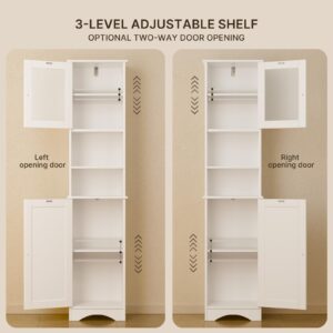 Gizoon 67.1" Tall Bathroom Storage Cabinet with Adjustable Shelves, Narrow Tall Linen Tower with Open Shelves, Two-Way Doors Freestanding Cabinet with Anti-Tip, for Home, Kitchen, Living Room, White