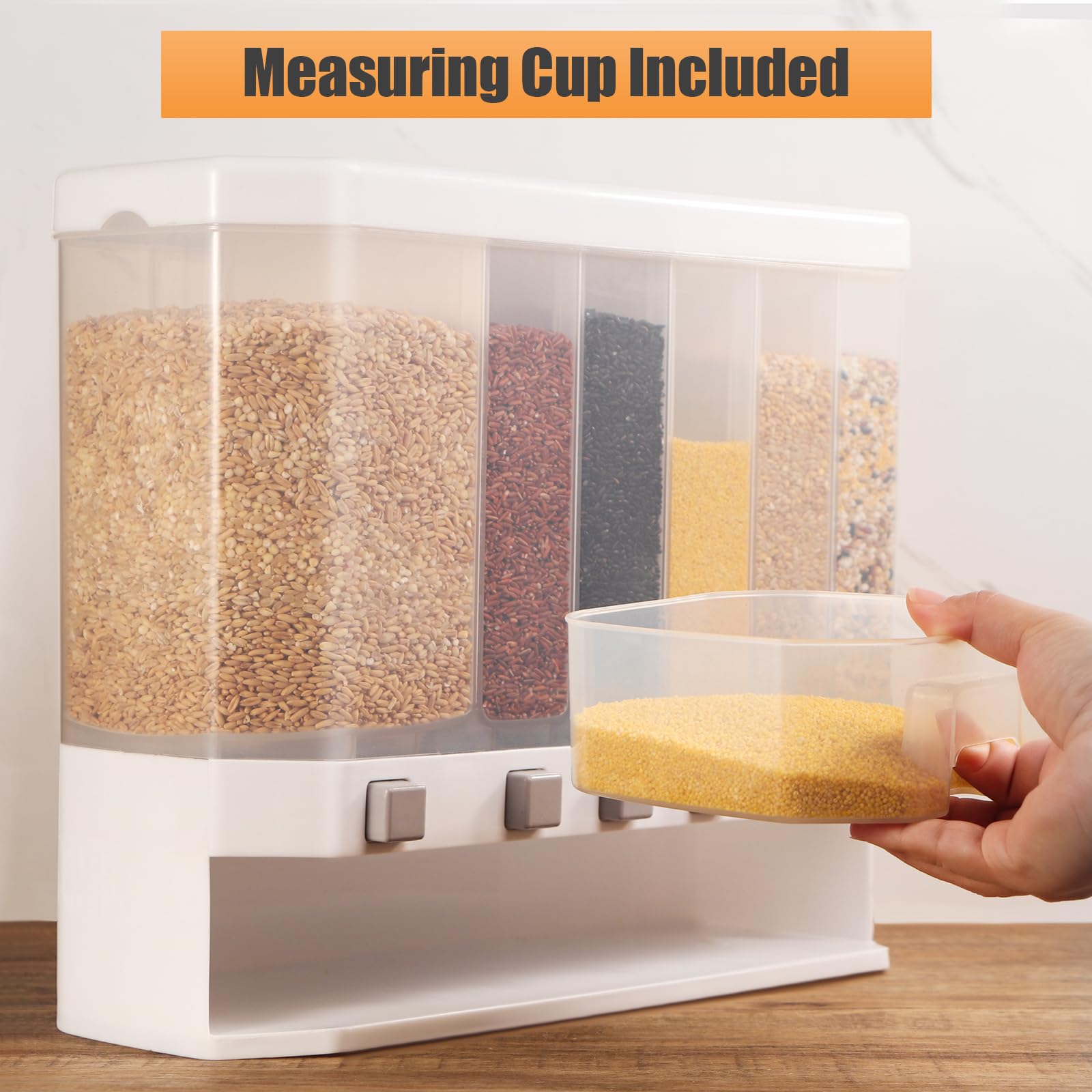 Grain Dispenser with Measuring Cup，Dry Food Dispenser Snack Dispenser Rice Dispenser for Kitchen Organizing，Kitchen Storage 25 Pounds Food Dispensers，6 Grid