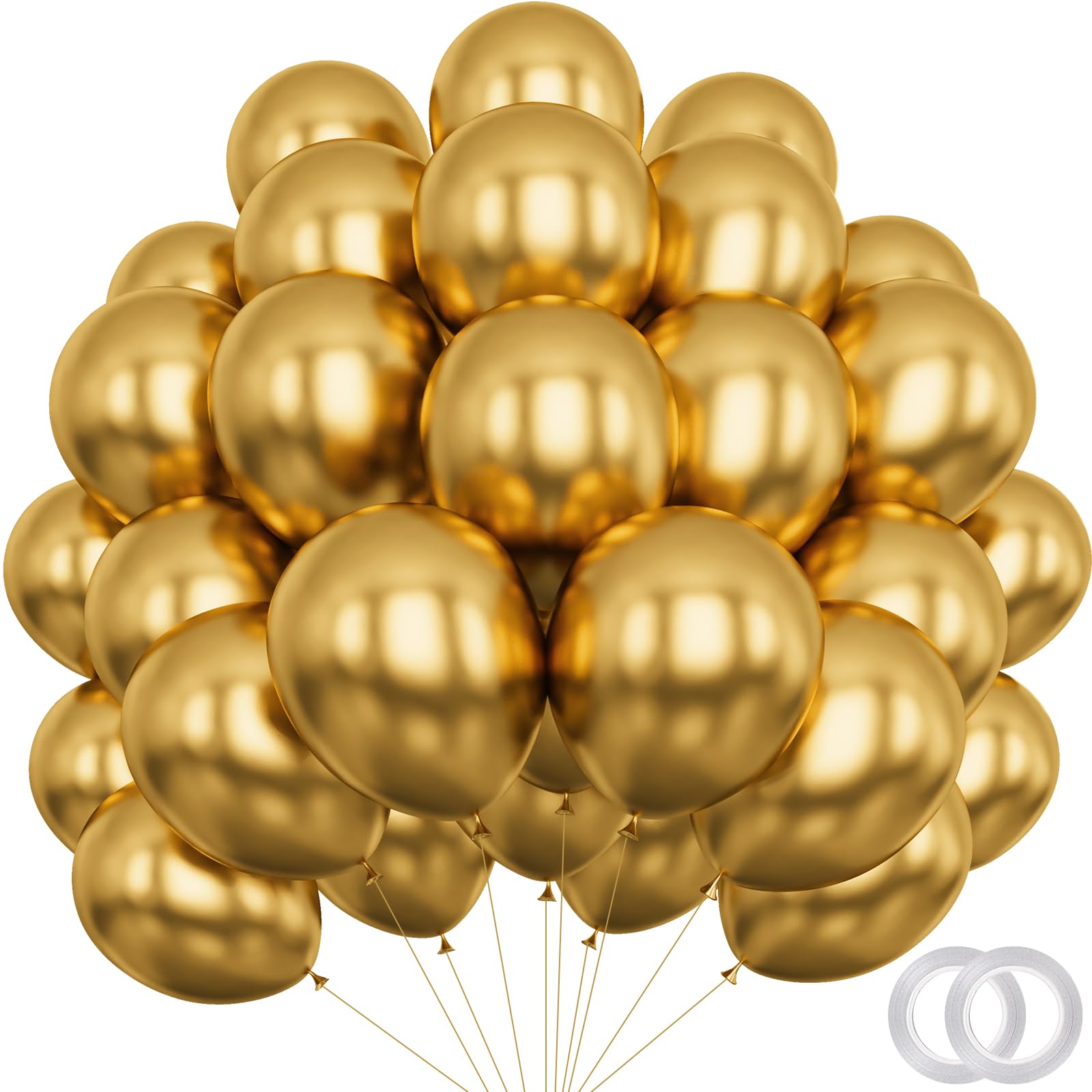 PatiCool Metallic Gold Balloons - 12 inch 100pcs Latex - Chrome Gold Balloons with 2 Ribbons, Golden Balloons for Birthday Party, Graduations, Wedding, Baby Shower Decorations