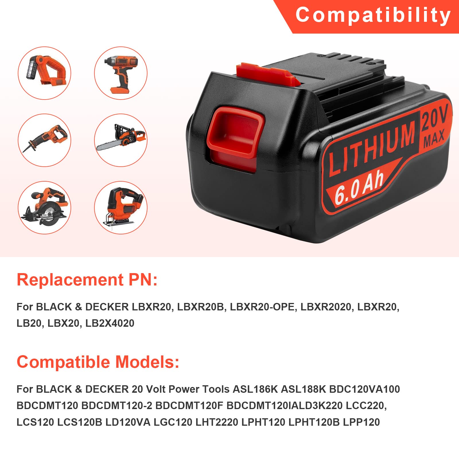 TREE.NB 6.0Ah 20V Battery Replacement for Black and Decker 20V Lithium Battery LBXR20 LBXR20B LBXR20-OPE LBXR2020 LB20 LBX20 LB2X4020 LST220 (2 Pack)