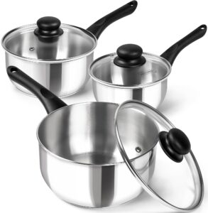 michelangelo stainless steel saucepan with lid 6pcs, triply base stainless steel pot set, saucepan set with bakelite handle - 1qt & 2qt & 3qt