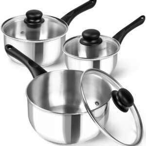 MICHELANGELO Stainless Steel Saucepan with Lid 6pcs, Triply Base Stainless Steel Pot Set, Saucepan Set with Bakelite Handle - 1QT & 2QT & 3QT