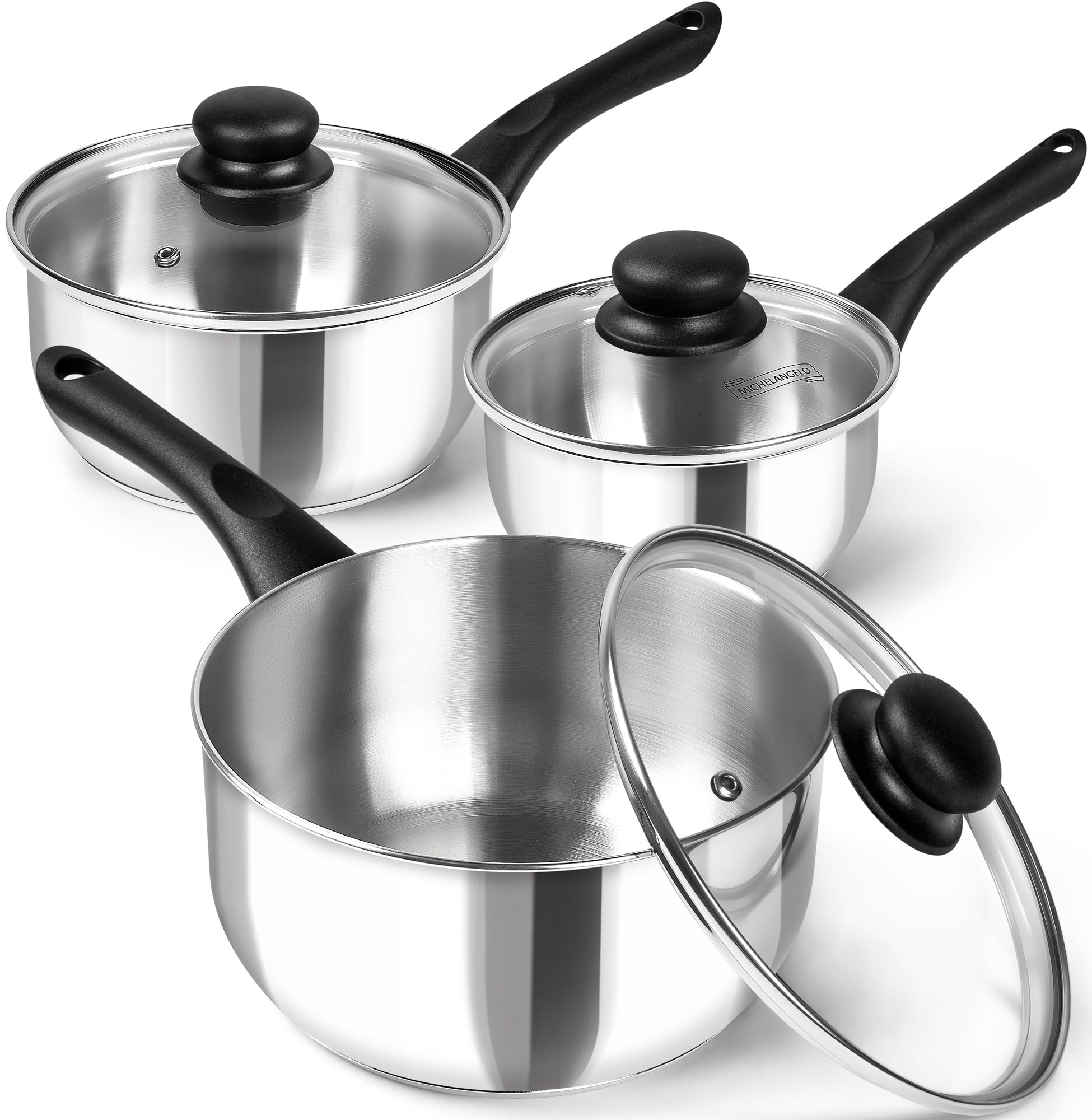 MICHELANGELO Stainless Steel Saucepan with Lid 6pcs, Triply Base Stainless Steel Pot Set, Saucepan Set with Bakelite Handle - 1QT & 2QT & 3QT