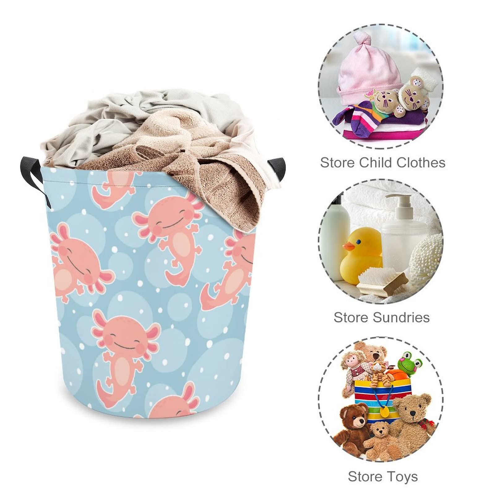 TsyTma Kawaii Axolotl Small Laundry Basket for Bedrooms Collapsible Round Laundry Hamper with Handles Round Toy Bin for Dirty Clothes,Kids Toys,Bathroom