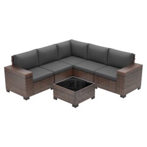 Amopatio Outdoor Sectional Furniture Set 6-Piece Brown Rattan Wicker Conversation Sofa Set with Glass Top Table and Waterproof Covers,Grey Cushions