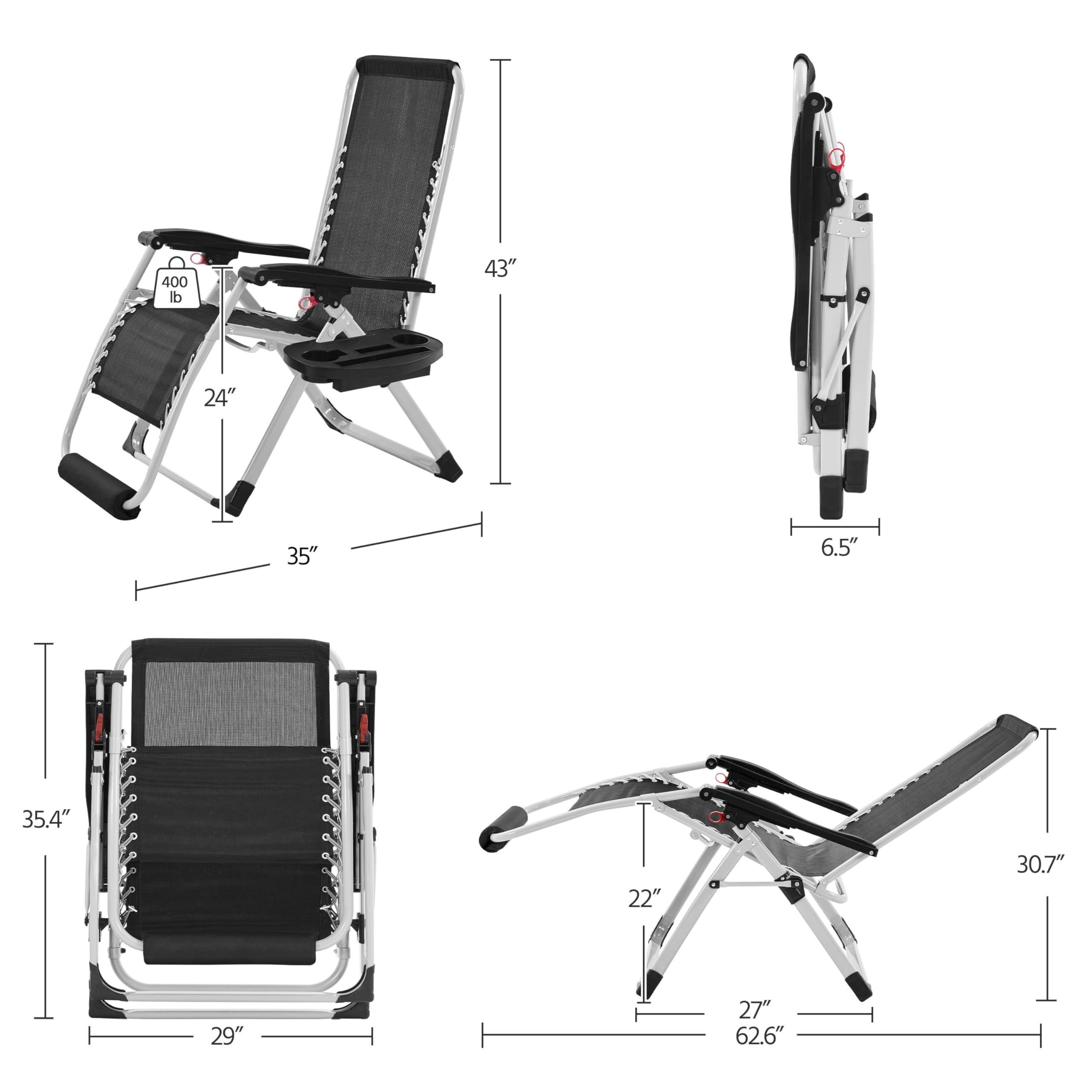 Yaheetech 29in Zero Gravity Chair, Foldable Premium Reclining Lounge Recliner w/Removable Pad & Pillow & Side Accessory Tray for Indoor and Outdoor Gray 1PCS