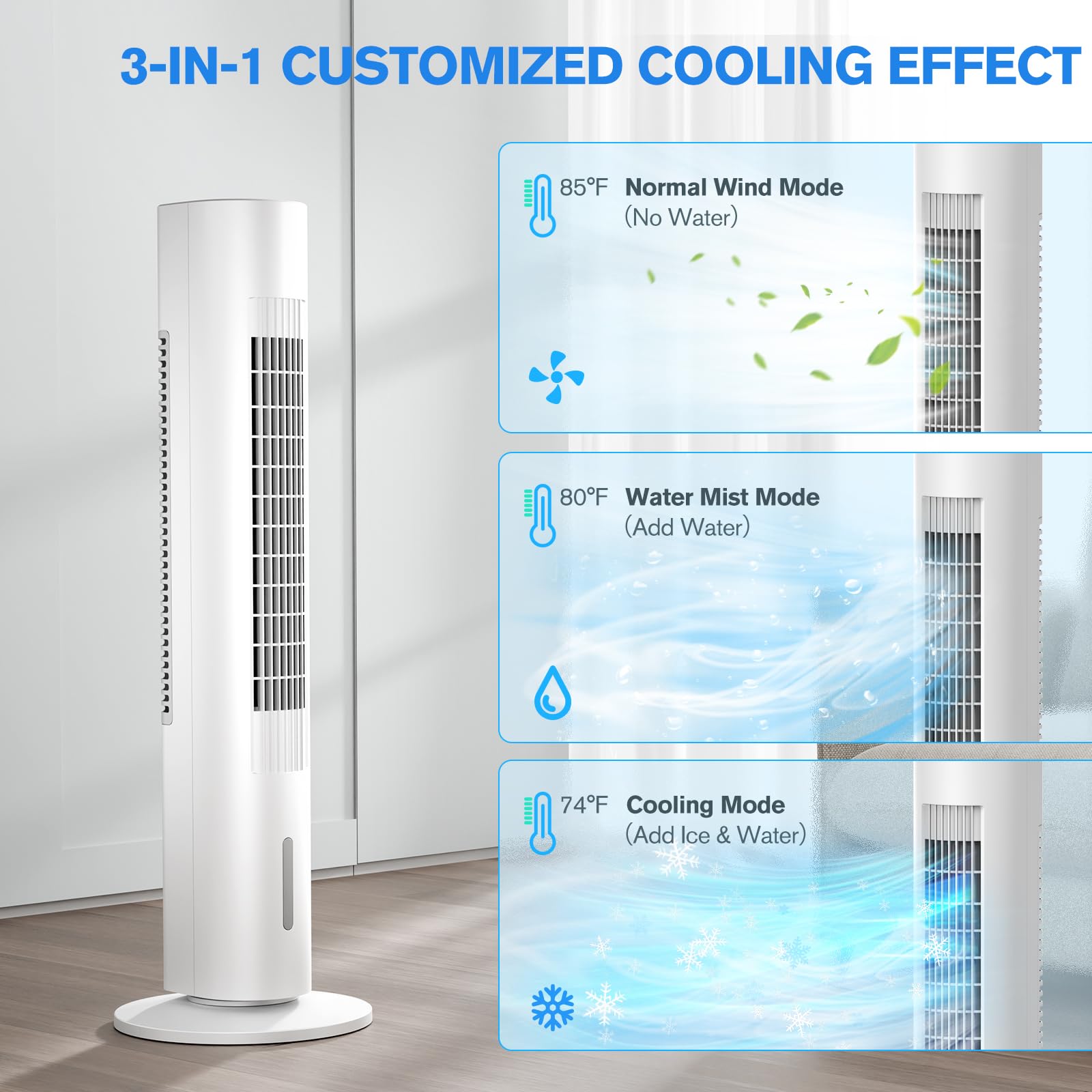 3-IN-1 Windowless Portable Air Conditioners, 35’’ Evaporative Air Cooler w/Remote, 7H Smart Timer & 70° Oscillating, 1.2L Water Tank With 3 Ice Packs, Cooling Tower Fan For Bedroom Living Room Office