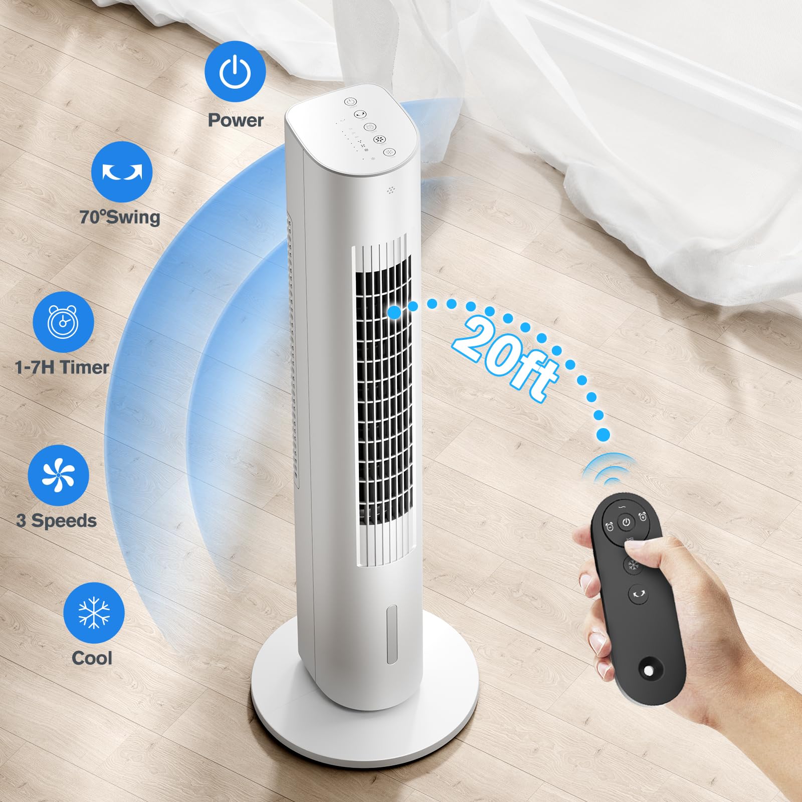 3-IN-1 Windowless Portable Air Conditioners, 35’’ Evaporative Air Cooler w/Remote, 7H Smart Timer & 70° Oscillating, 1.2L Water Tank With 3 Ice Packs, Cooling Tower Fan For Bedroom Living Room Office