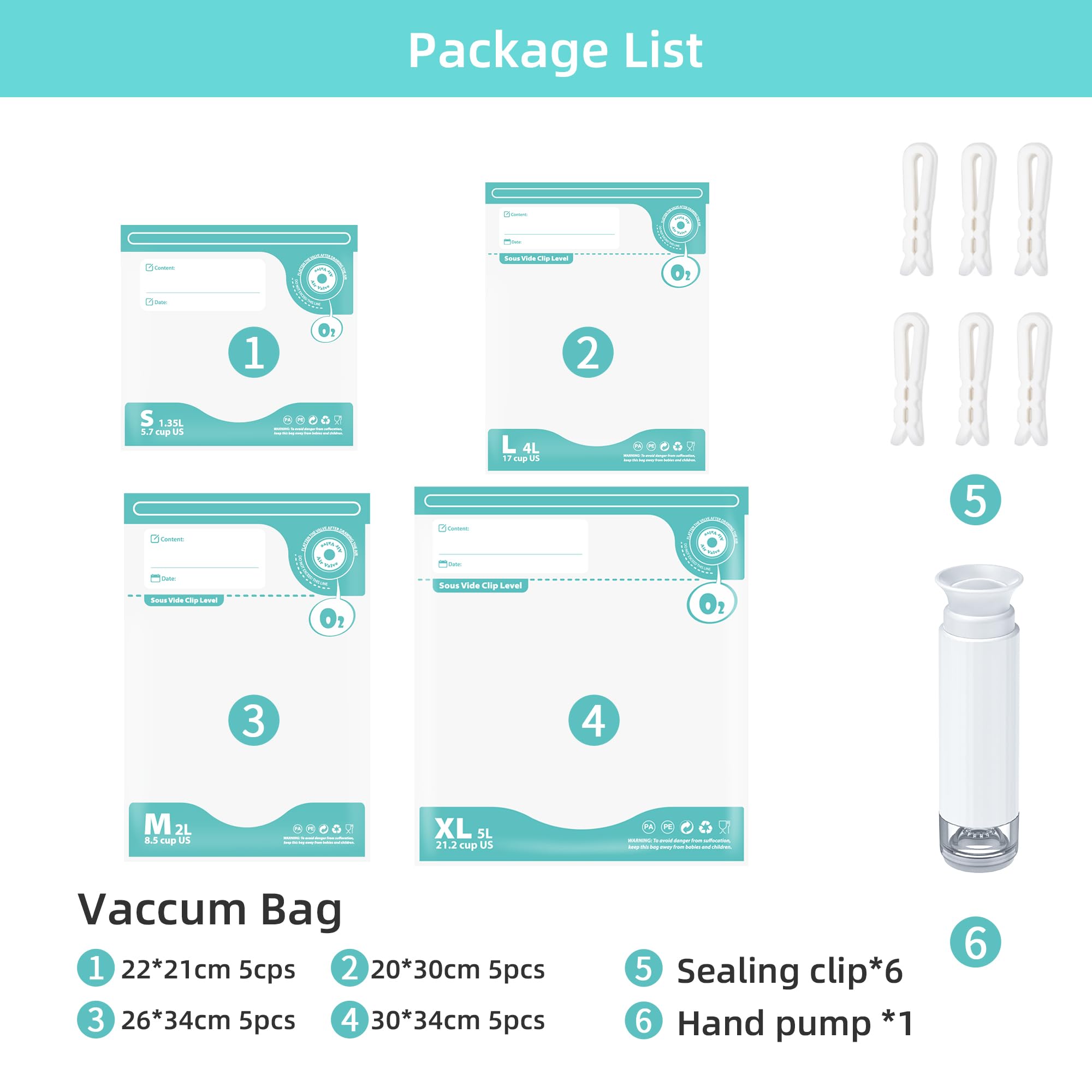 CABIBOX Handheld Vacuum Sealer, Sous Vide Bags, Vacuum Hand Pump with 20Pcs Reusable Food Saver Sealer Bags & 6 Sealing Clips & 1 handheld pump, Vacuum Zipper Bags for Sous Vide Cooking