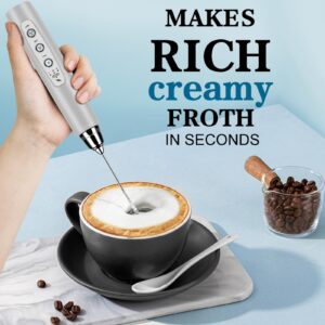 BSRGMS Milk Frother Handheld for Coffee, Electric Whisk 3 Speed Adjustable, Drink Mixer with Stainless 3 Whisks, Rechargeable Hand Frother Wand, Foam Maker for Latte Cappuccino Matcha Egg Silver