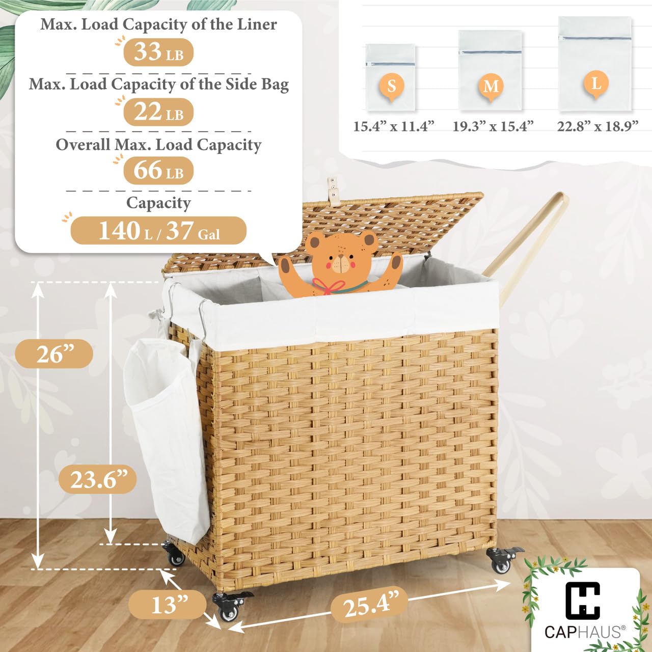 CAPHAUS Laundry Basket w/Wheels, Synthetic Rattan Laundry Hamper w/Lid, Removable Liner Bags, Mesh Bags, Pulling Strap, Clothes Hamper for Laundry, Basket w/Lid for Storage, 140L, Natural