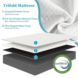 wOod-it Folding Mattress, 4 inch Tri-Fold Memory Foam Mattress Topper for Camping, Foldable Guest Bed, Portable Travel Mat with Washable Cover, 75"×25"×4", White