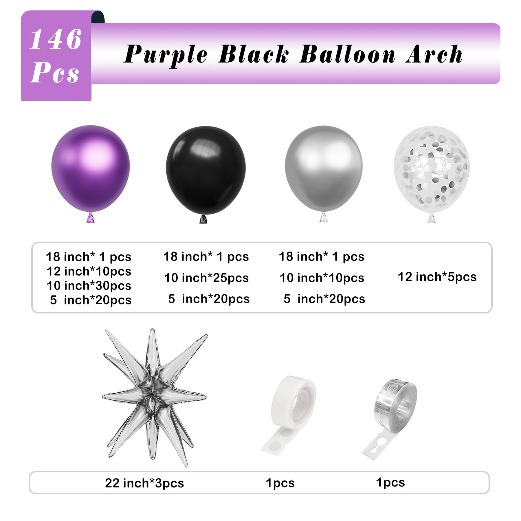 Aooxpok Metallic Purple Balloon Garland Arch Kit,146Pcs Metallic Purple Balloon Sliver Confetti Balloon for Graduation Baby Shower Birthday Wedding Gender Reveal Party Decorations