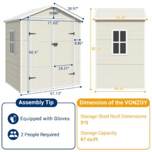 VONZOY Outdoor Storage Shed, 6x4.5 FT Resin Shed with Floor and Lockable Door, Window & Vents, Waterproof Tool Sheds & Outdoor Storage for Bike, Garbage Cans,Garden Accessories, Sandstone