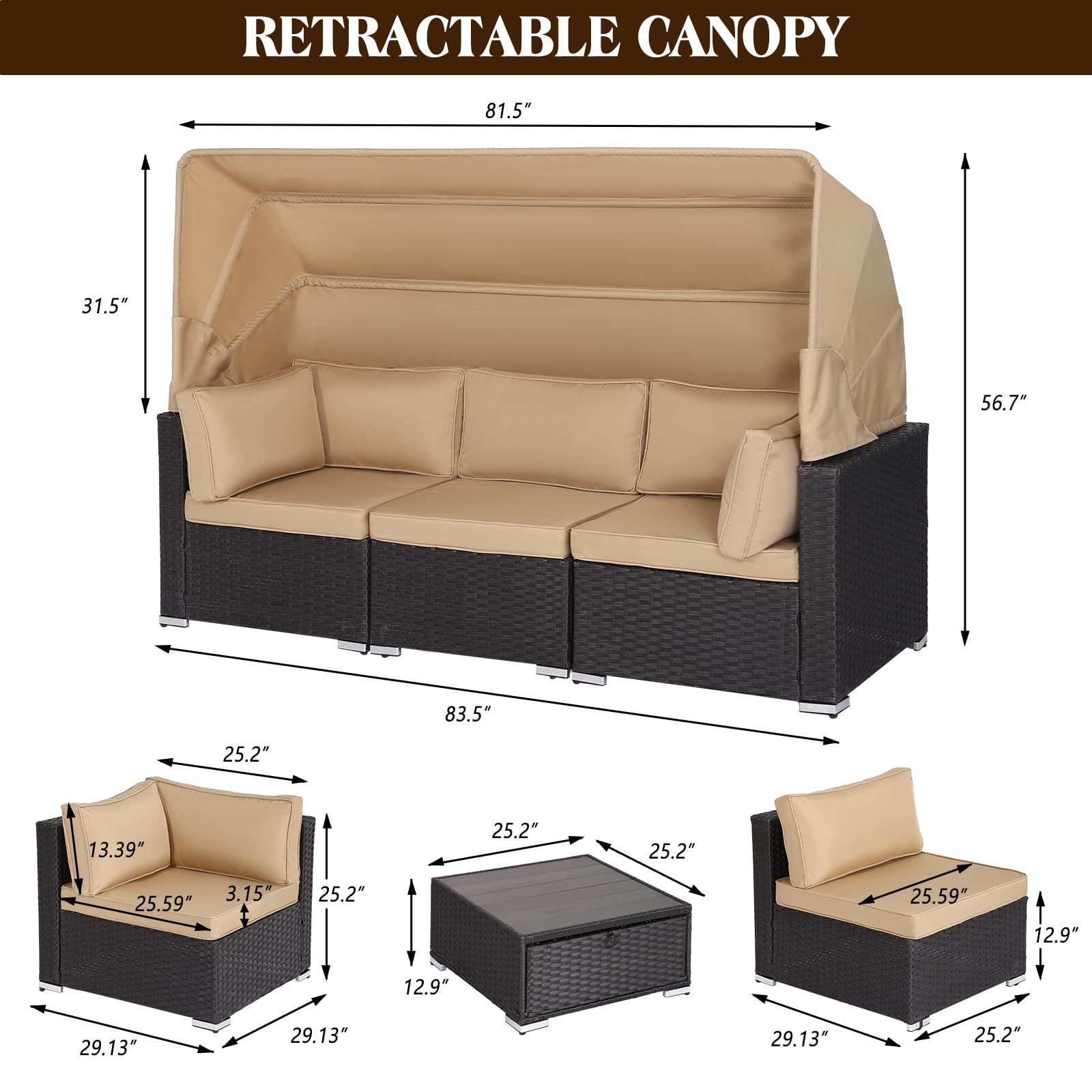 LEISU 6-Piece Outdoor Patio Rattan Daybed Furniture Set with Retractable Canopy, Adjustable Backrest,Holiday Sectional Chaise Longue Sofa Set for Backyard Poolside Garden (Khaki)