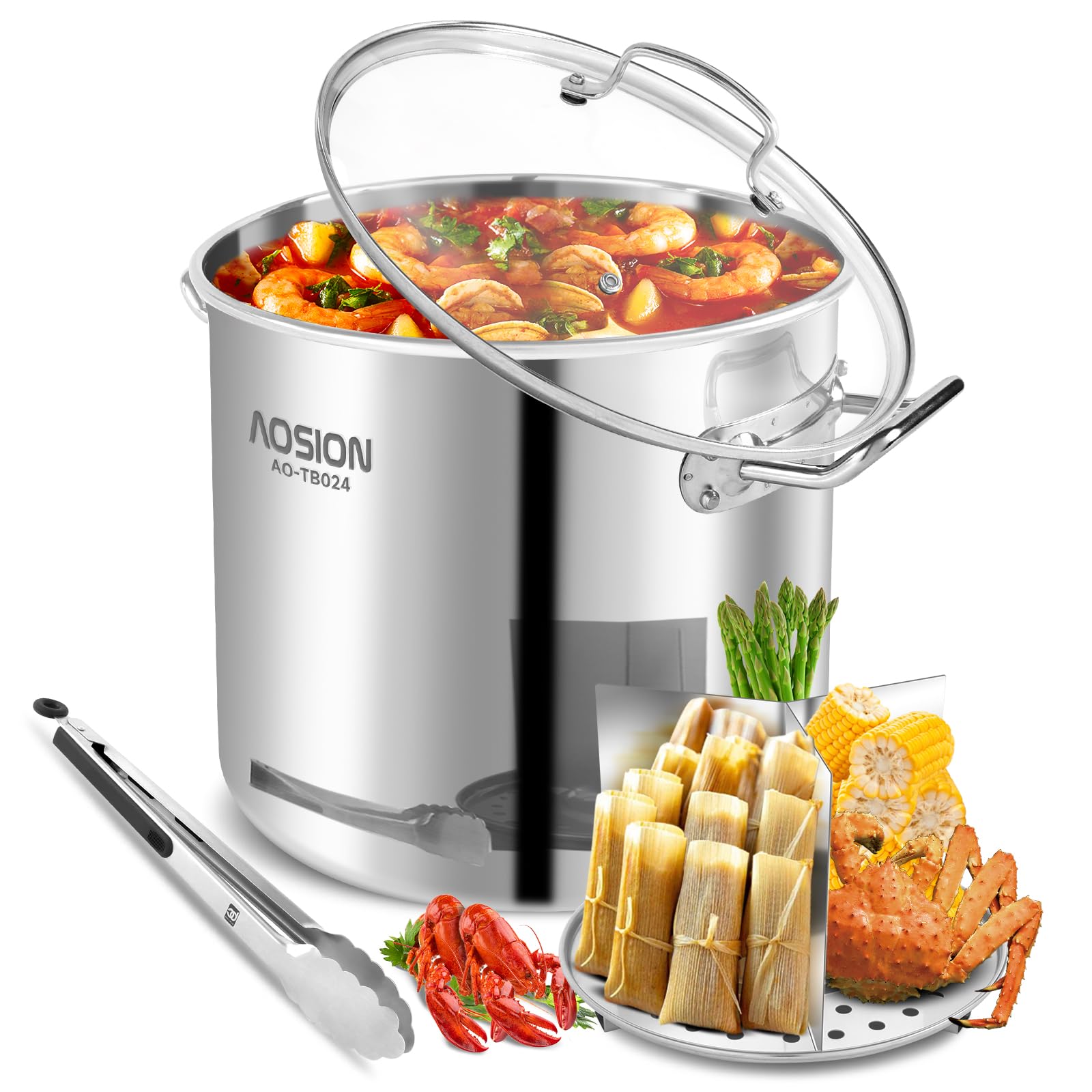 AOSION 24 Quart Stainless Steel Stock Pot With Lid, 3-IN-1 Large Heavy Duty Cooking Pot with Visible Lid for Pasta, Soup, Spaghetti,Big Soup Canning Pot with Steam Rack,Dishwasher & Oven Safe.