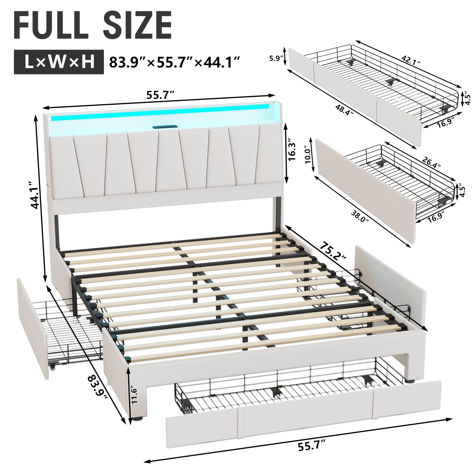 Fameill Full Size Bed Frame with Storage Headboard and 3 Drawers,Upholstered Platform Bed with Charging Station,Full Bed Frame with LED Lights,No Box Spring,Beige