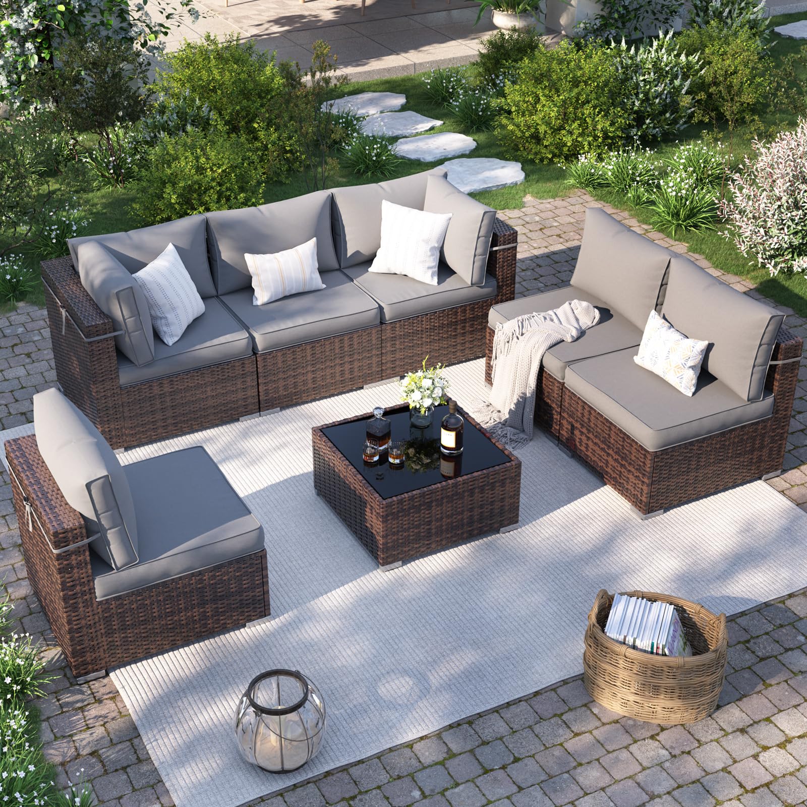 VONZOY Patio Furniture Set, 7-Piece Outdoor Sectional with Waterproof Cover, All-Weather Wicker Patio Conversation Sets for Backyard (Brown with Grey Cushion)