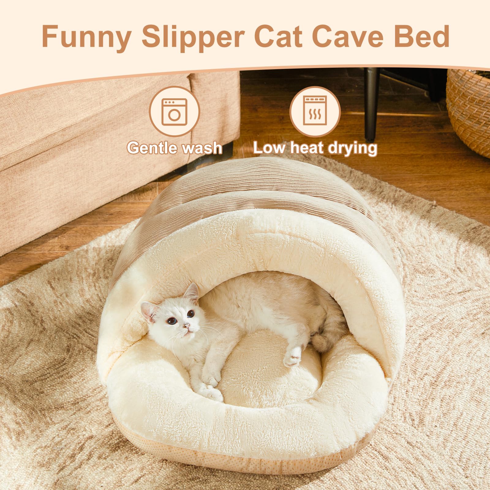 Jiupety Cat Bed Cave for Indoor Cats, Cute Slipper Cat Cave Bed, Washable Small Dog Cave Bed, Soft Plush Cat House Bed for Puppy and Kitten, Anti Slip Warm Pet House Nest, M 15lbs, Champagne.