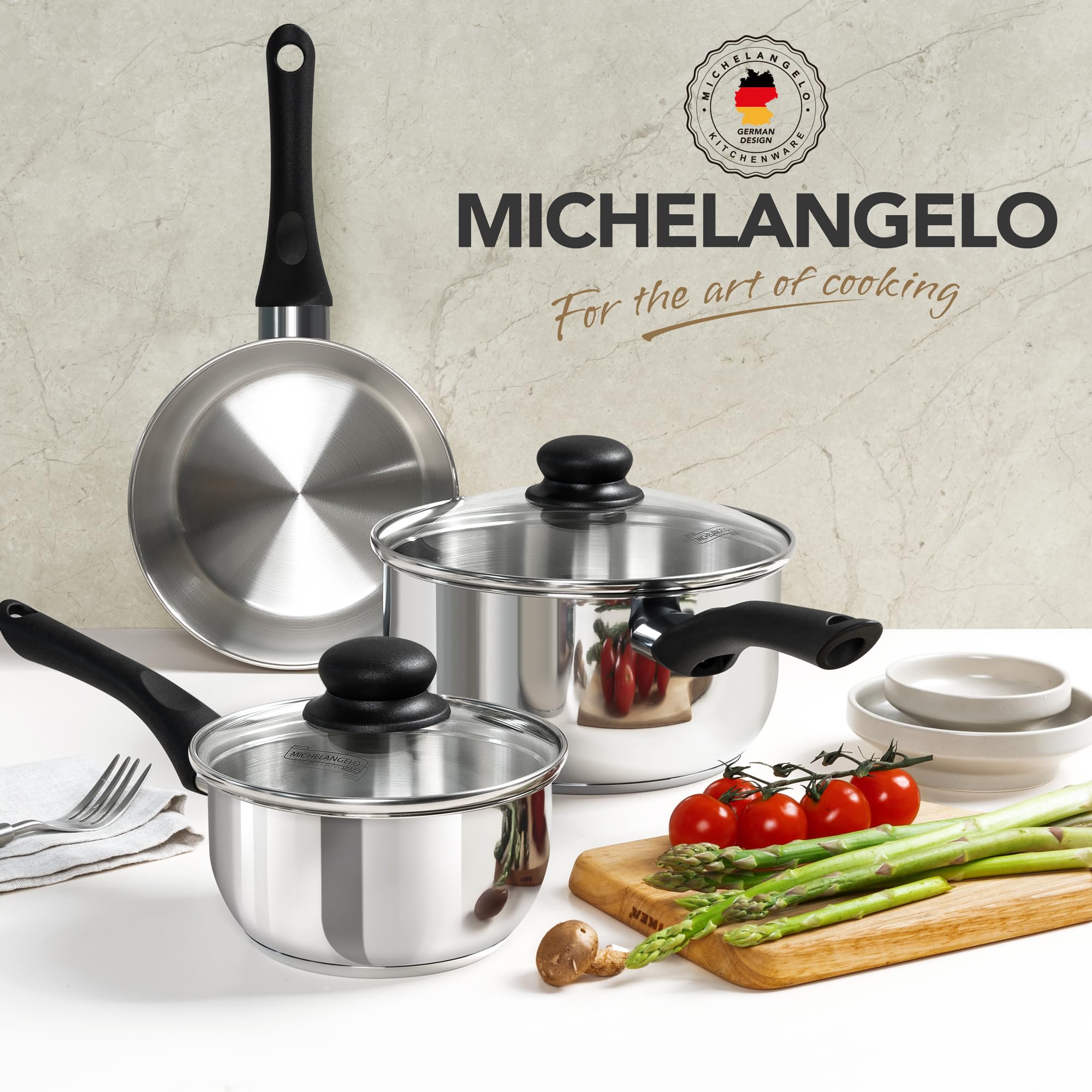 MICHELANGELO Stainless Steel Saucepan with Lid 6pcs, Triply Base Stainless Steel Pot Set, Saucepan Set with Bakelite Handle - 1QT & 2QT & 3QT