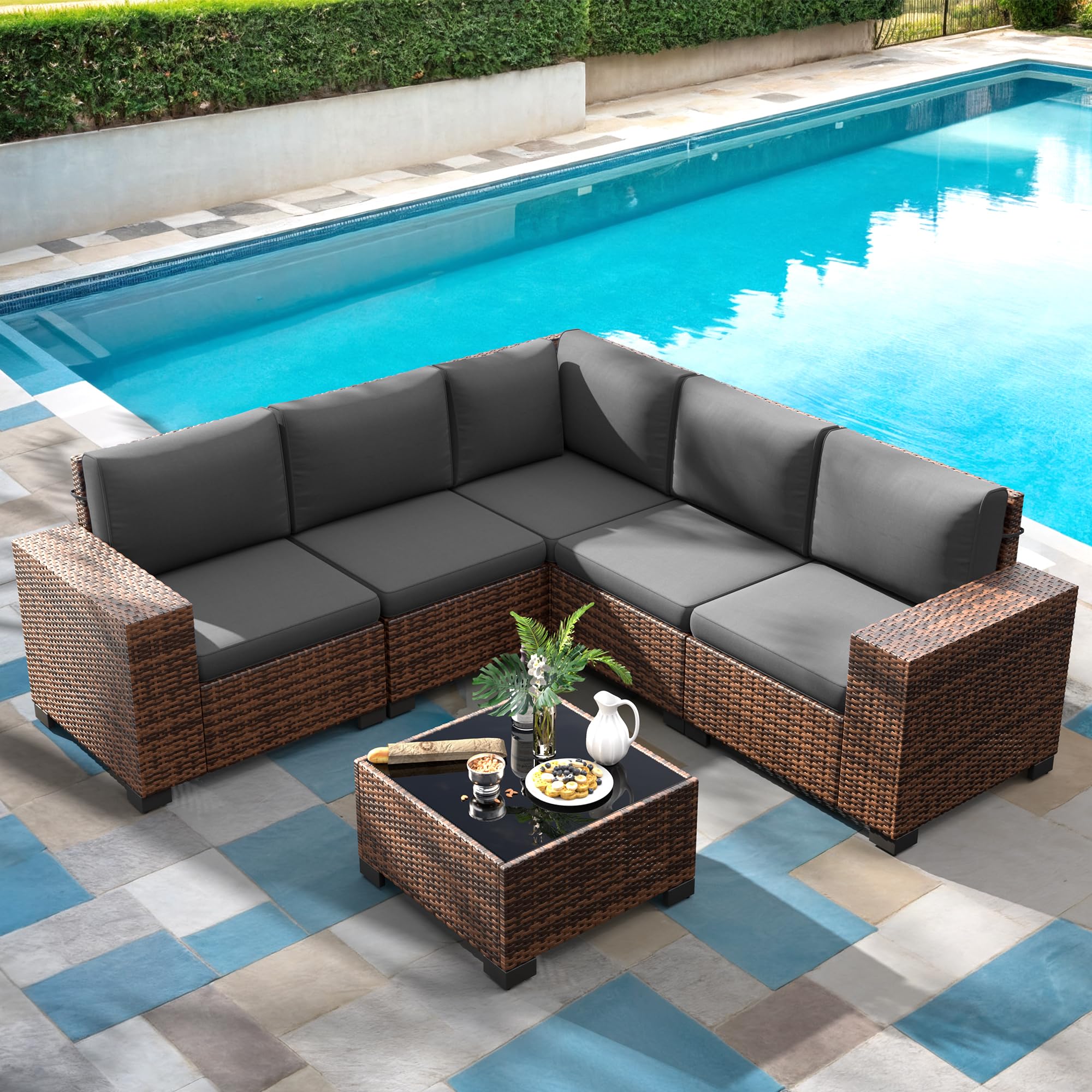 Amopatio Outdoor Sectional Furniture Set 6-Piece Brown Rattan Wicker Conversation Sofa Set with Glass Top Table and Waterproof Covers,Grey Cushions