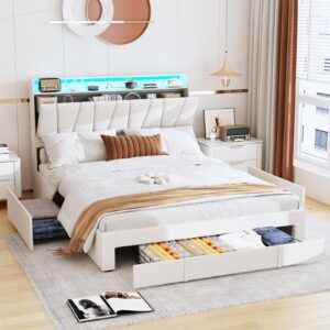 Fameill Full Size Bed Frame with Storage Headboard and 3 Drawers,Upholstered Platform Bed with Charging Station,Full Bed Frame with LED Lights,No Box Spring,Beige