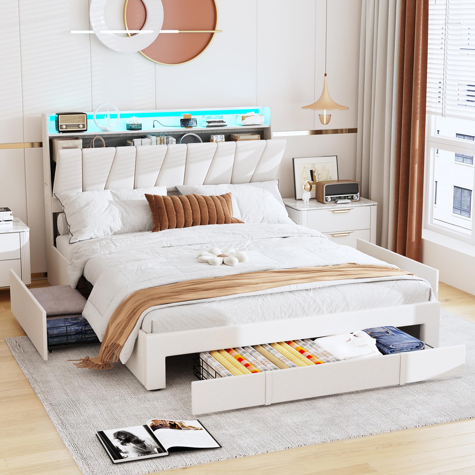 Fameill Full Size Bed Frame with Storage Headboard and 3 Drawers,Upholstered Platform Bed with Charging Station,Full Bed Frame with LED Lights,No Box Spring,Beige