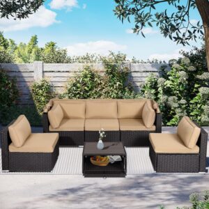 leisu 6-piece outdoor patio rattan daybed furniture set with retractable canopy, adjustable backrest,holiday sectional chaise longue sofa set for backyard poolside garden (khaki)