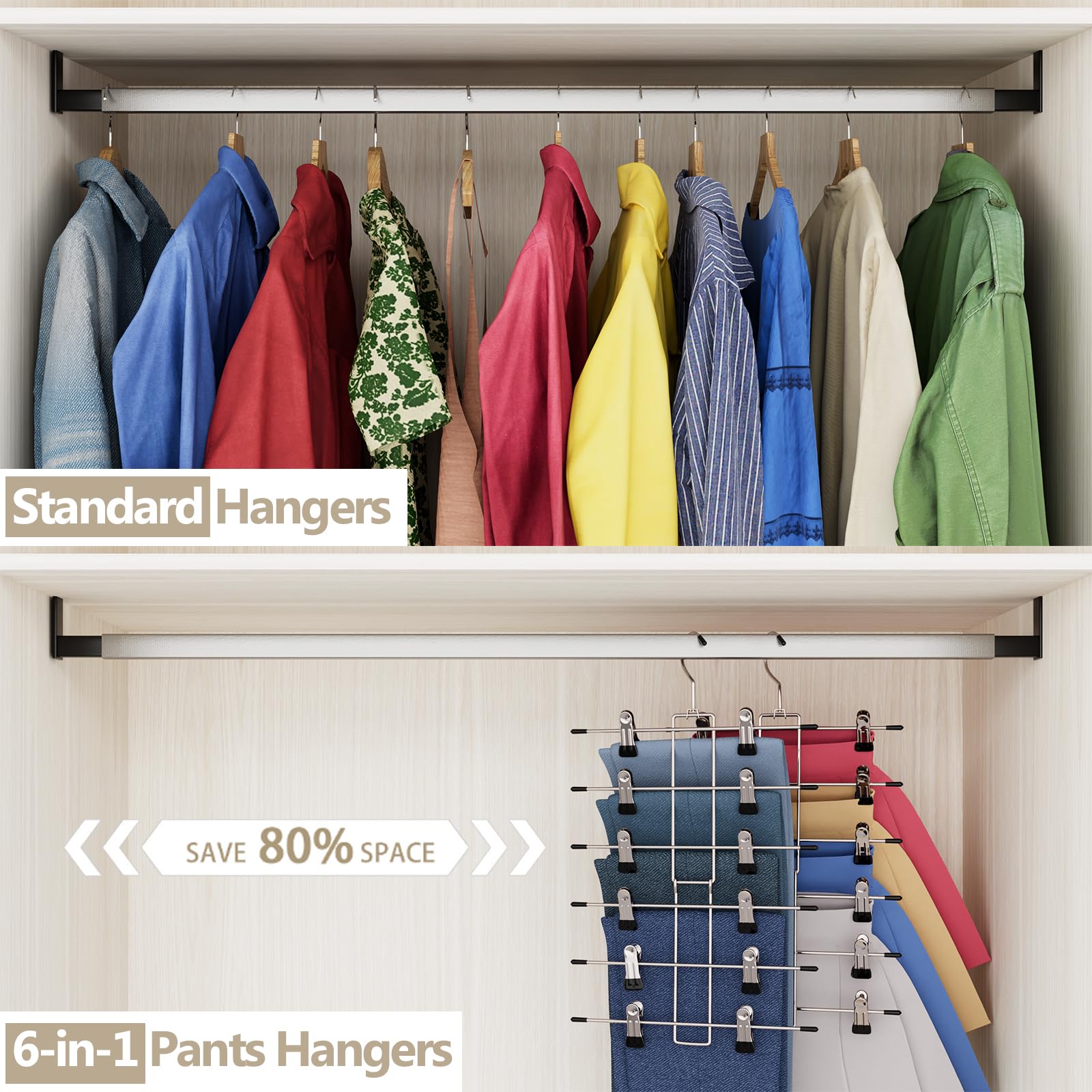 Hangers，Pants & Skirt Hangers Space Saving Hanging Closet Organizer and Storage，Clothes Hangers with 360° Swivel Hook，Upgrade Skirt Hangers with Clips-2Pack Closet Storage-Pant Hangers