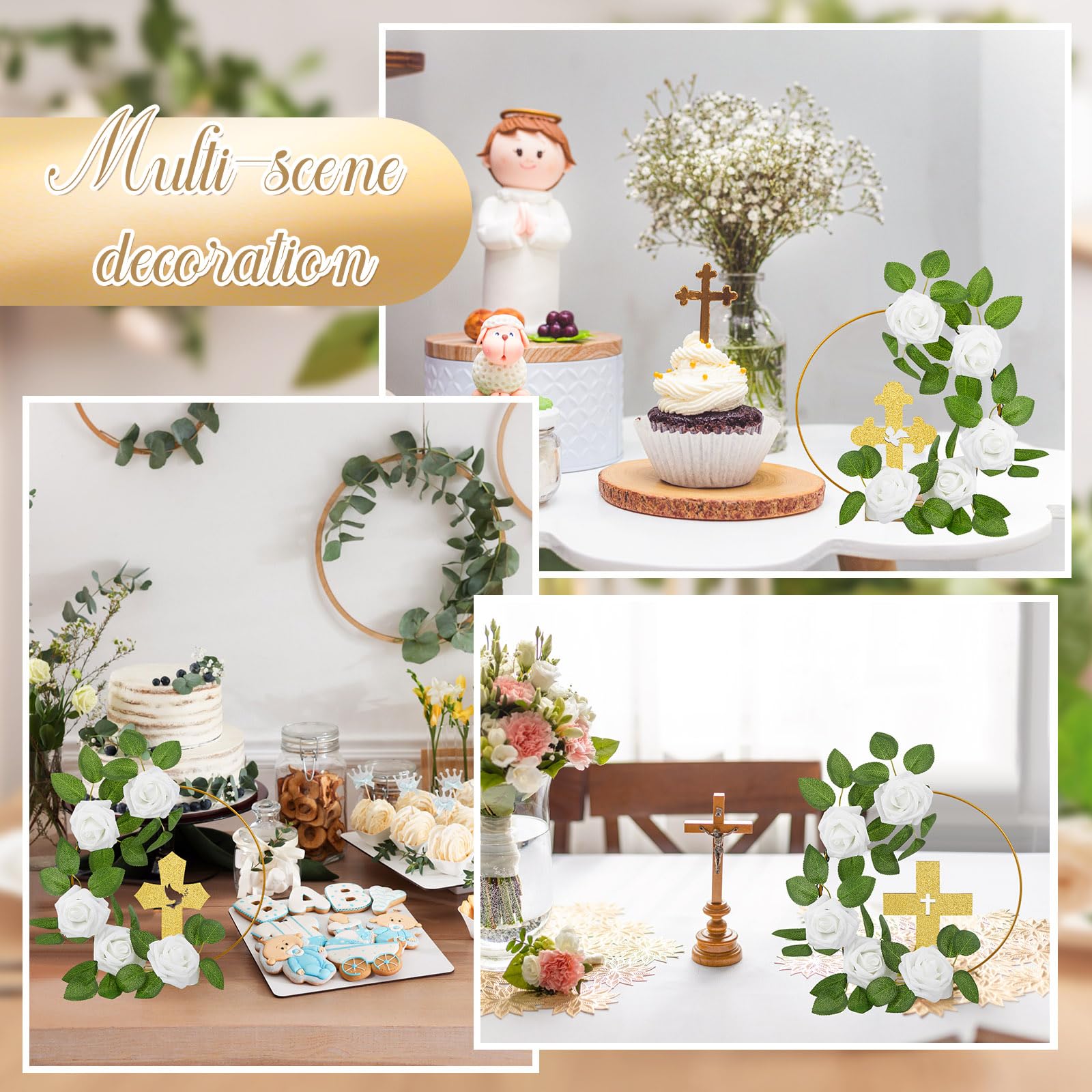 Wesiti 48 Pcs Baptism Centerpiece Decoration for Table 12 Wood Cross 12 Metal Floral Hoop Centerpiece with Stand 24 Foam Rose with Stem for Baptism Baby Shower Wedding(Gold and White,Stylish)