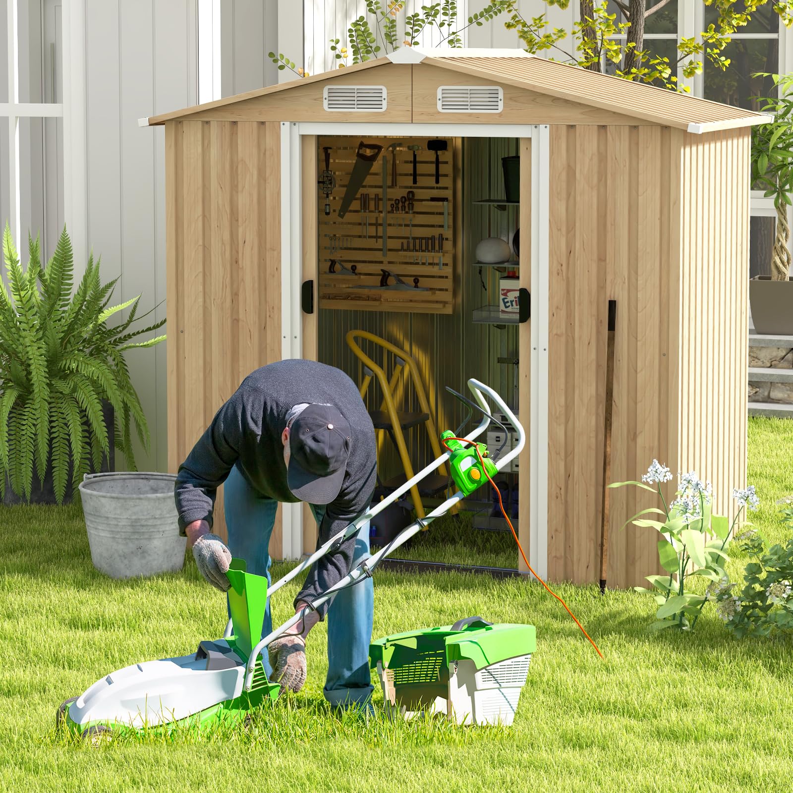 IRONMAX Outdoor Storage Shed, 6x4 FT Galvanized Steel Large Garden Shed w/Lockable Sliding Doors & Air Vent, Wood Grain Style Heavy Duty Waterproof Tool Storage House for Backyard Patio Lawn