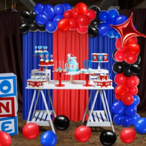 SmoothNovelty 57 Pcs Red Blue Black Party Decorations 2 Royal Blue and 1 Red Chiffon Backdrop Curtain 54 Pcs Black Red and Blue Balloons Arch Garland Kit for Birthday Graduation Party Decorations