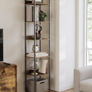 bresurv 6-Tier Bookshelf, Narrow Bookcase with Open Shelves, Talll Book Shelf Coner Shelf for Living Room, Bedroom, Home Office, Study, Bathroom,11.5 x 15.7 x 72.6 Inches, Rustic Brown and Black