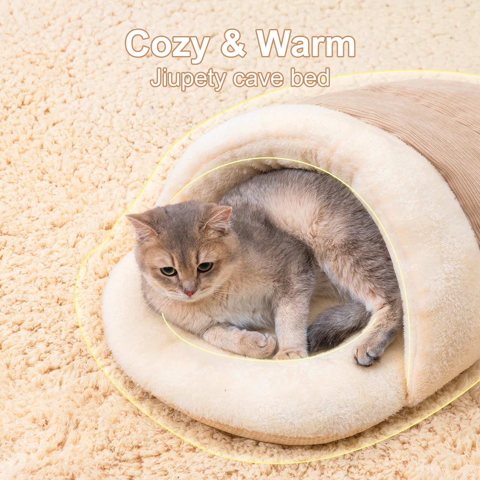 Jiupety Cat Bed Cave for Indoor Cats, Cute Slipper Cat Cave Bed, Washable Small Dog Cave Bed, Soft Plush Cat House Bed for Puppy and Kitten, Anti Slip Warm Pet House Nest, M 15lbs, Champagne.