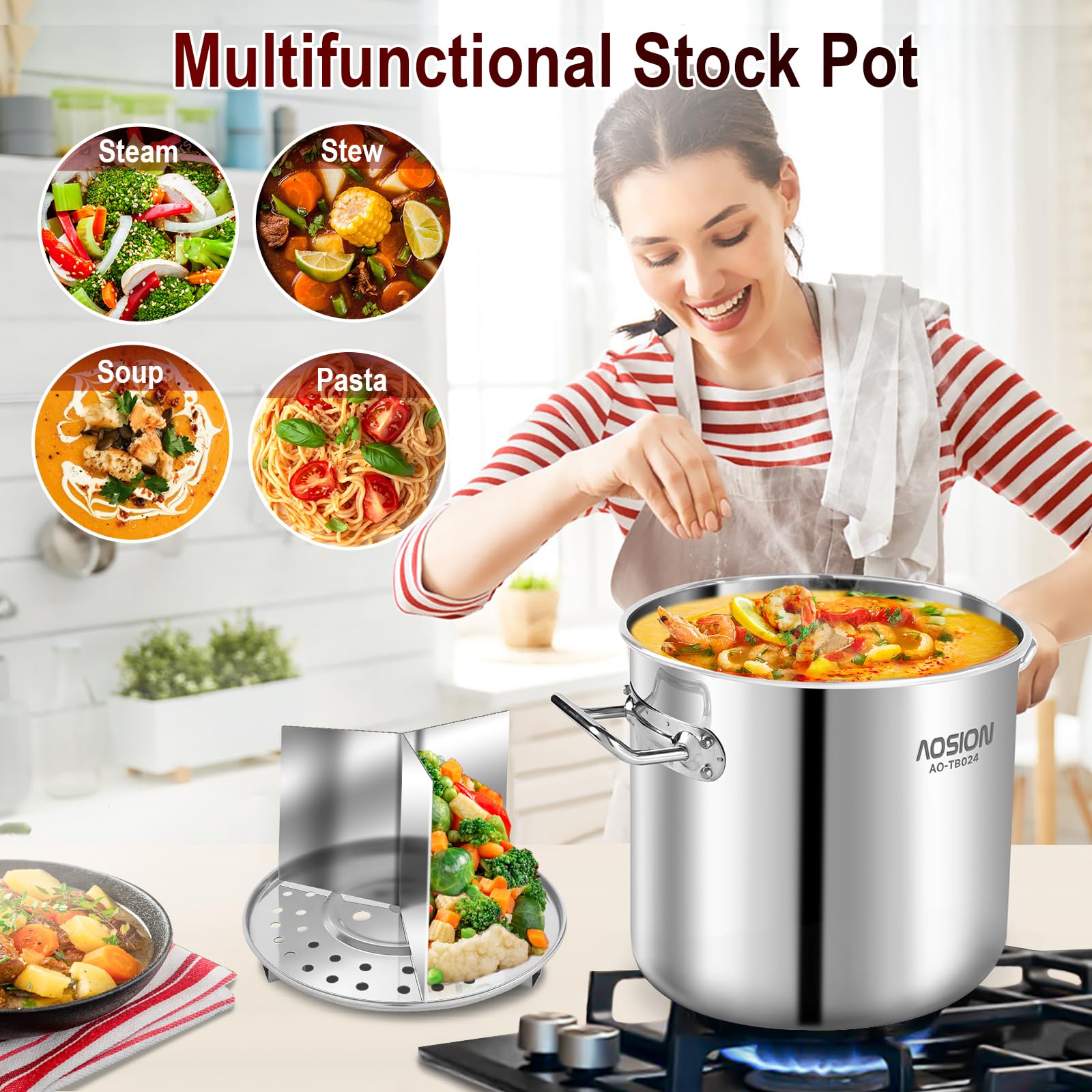 AOSION 24 Quart Stainless Steel Stock Pot With Lid, 3-IN-1 Large Heavy Duty Cooking Pot with Visible Lid for Pasta, Soup, Spaghetti,Big Soup Canning Pot with Steam Rack,Dishwasher & Oven Safe.