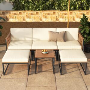 Tangkula 6 Pieces Acacia Wood Patio Furniture Set, Patiojoy Outdoor Sectional Conversation Sofa Set with Cushions, Coffee Table and Ottomans, Patio Seating Sofas for Garden, Poolside, Backyard (Beige)