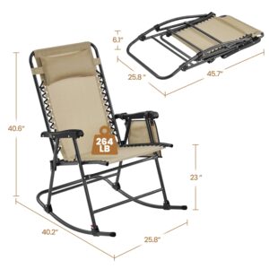 Yaheetech 26in Rocking Chair Outdoor Zero Gravity Folding Chairs Rocking Chairs Foldable Outdoor Lounge Chair for Outside Lawn with Cupholder/Pillow Ergonomic Design for Rest, Beige