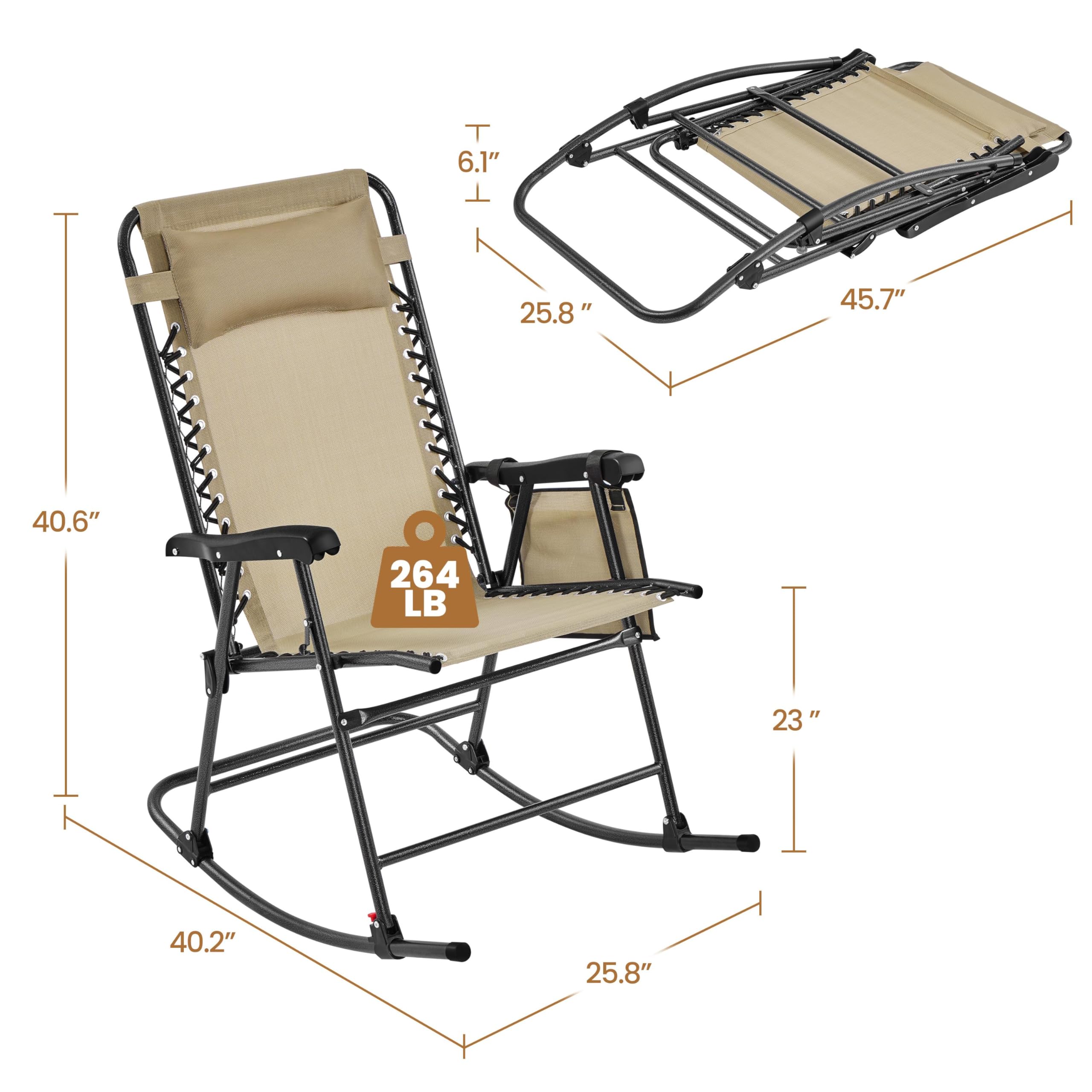 Yaheetech 26in Rocking Chair Outdoor Zero Gravity Folding Chairs Rocking Chairs Foldable Outdoor Lounge Chair for Outside Lawn with Cupholder/Pillow Ergonomic Design for Rest, Beige