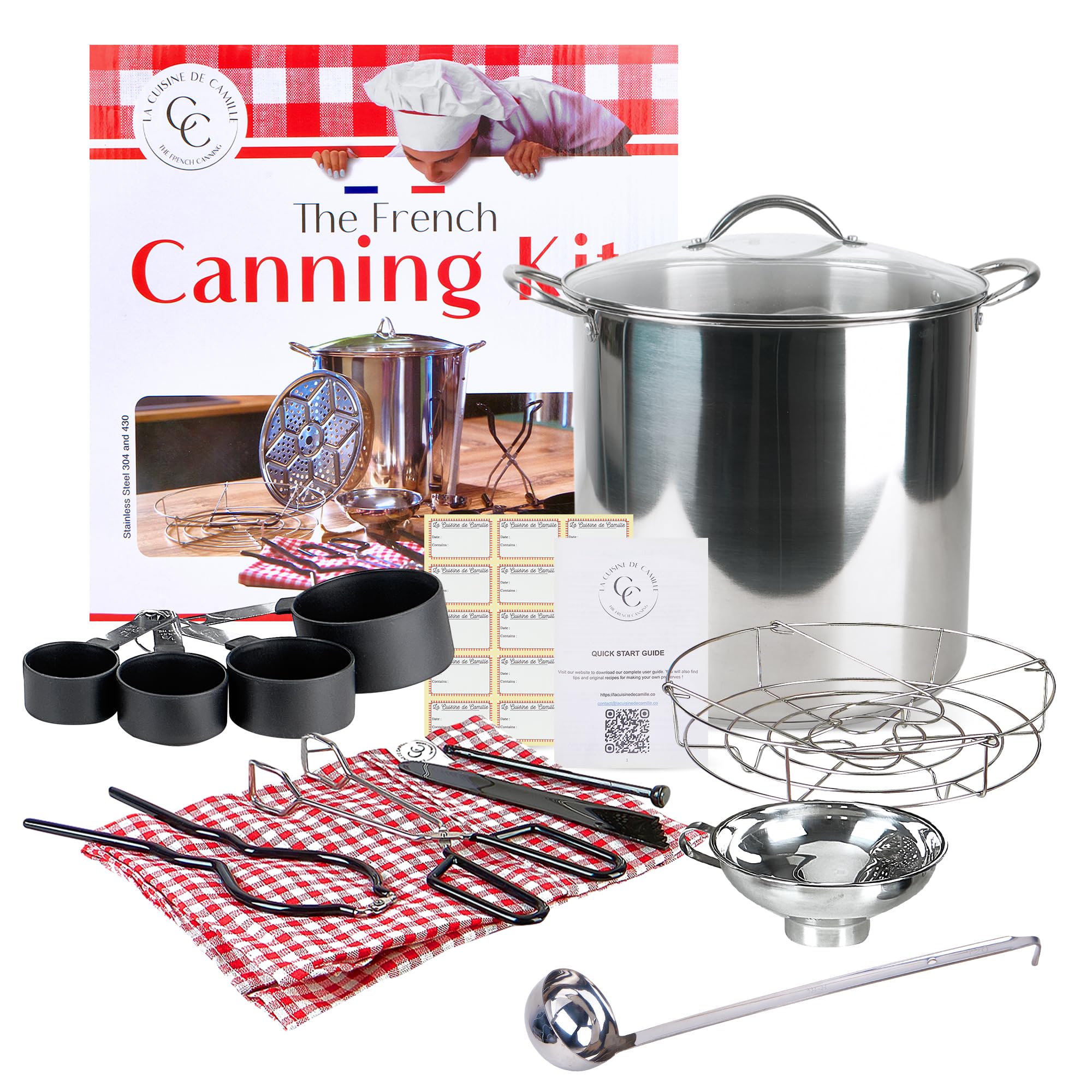 Canning pot with rack and lid - Water bath canner for canning - Complete premium canning kit with large Pot 21.5 Qt in stainless steel 304 - The French canning kit by La Cuisine de Camille